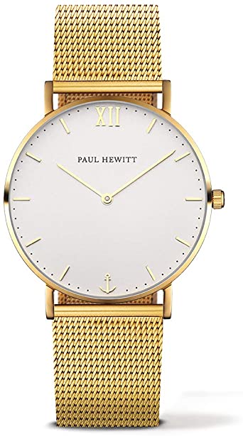 PAUL HEWITT Orologio unisex Sailor Line White Sand (donna e uomo) - Orologio da polso uomo e donna (dorato) con quadrante bianco e cinturino dorato in maglia a rete d'acciaio
