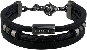 BREIL - Bracciale da Uomo Collezione OUTER TJ2668 - Gioielli Uomo - Bracciale in Pelle Nera con Elementi in Acciaio - 22,5 cm
