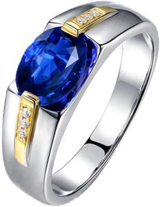 YCGEMS Anello da Fidanzamento con Zaffiro con Diamante Naturale in Oro Massiccio 18 ct, con Zaffiro da Uomo,M1/2, anelli uomo
