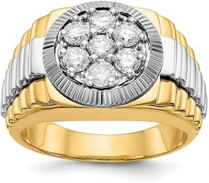 Anello da uomo in oro 14 carati con due lati increspati, 1 carato, con diamante SI1/SI2, G-H

