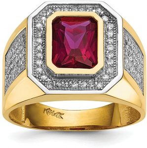 Diamond2Deal - Anello da uomo in oro giallo 14 kt con zirconia cubica e zirconia cubica rossa taglio smeraldo, anelli uomo
