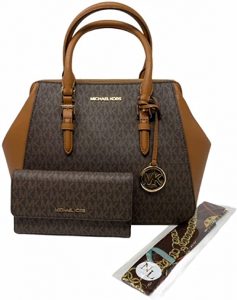 MICHAEL KORS Charlotte Large Satchel Shoulder Handbag Crossbody Leather Bundled with Wallet and Removable NL Silk Skinny Scarf (Brown Signature)
