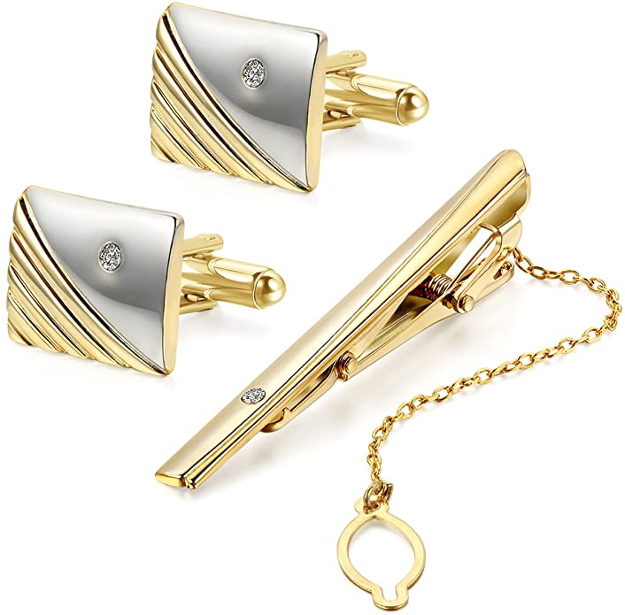 JewelryWe Set Lega Cravatta Clip e Gemelli Colore Oro, Stripes Camicia a Righe Business Matrimonio Nozze lucidato Mens
